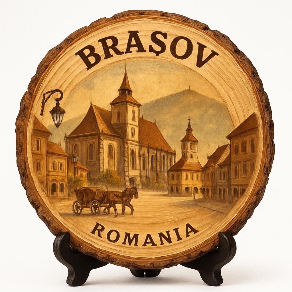 Brașov Souvenir Gift – Wood Slice Plaque for Wall or Table, Romania (România) Souvenir Gift for Tourists, Plate Collectors & Travel Lovers, Medieval Charm Decorative Gift