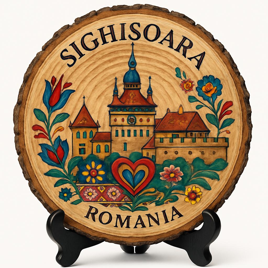 Sighișoara Souvenir Gift – Wood Slice Plaque for Wall or Table, Romania (România) Souvenir Gift for Tourists, Plate Collectors & Travel Lovers, Historic Fortress Decorative Gift