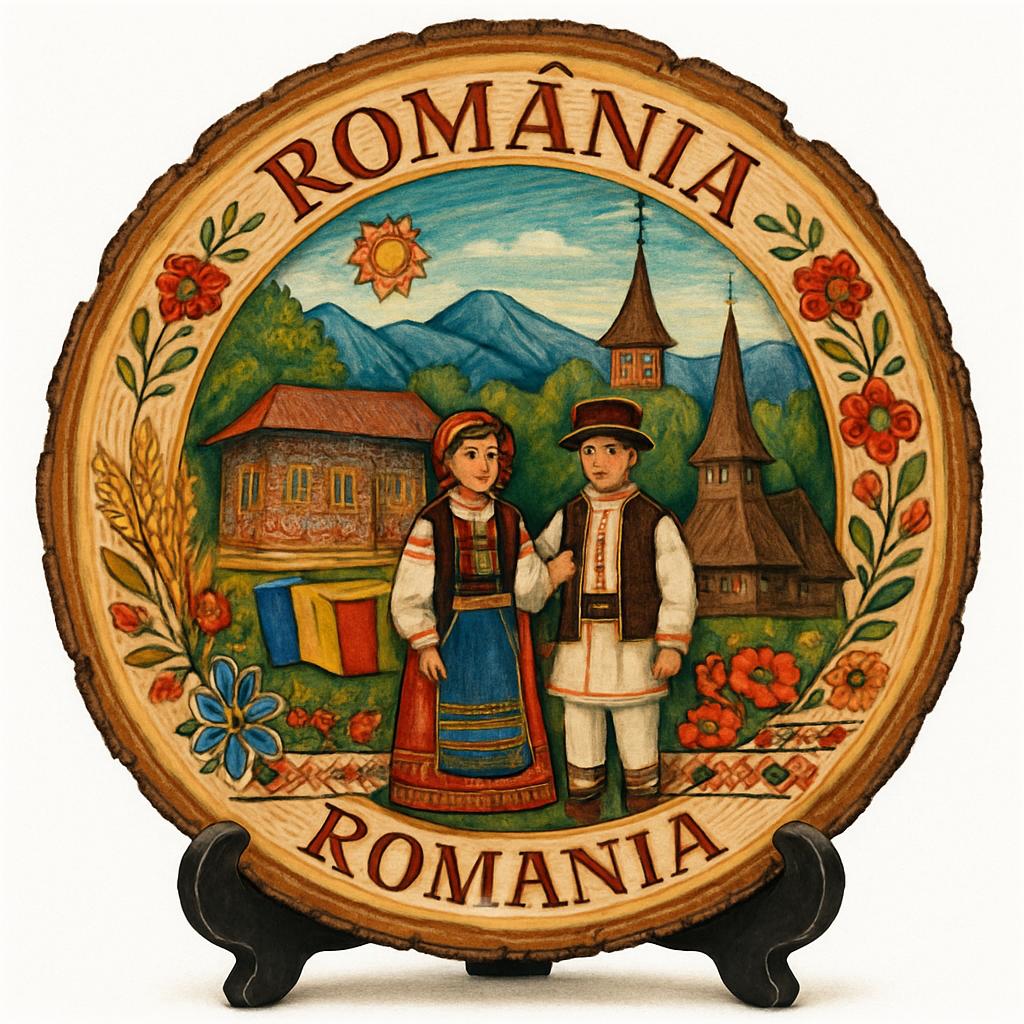 Romania Souvenir Gift – Wood Slice Plaque for Wall or Table, Romania (România) Souvenir Gift for Tourists, Plate Collectors & Travel Lovers, Enchanted Village Decorative Gift