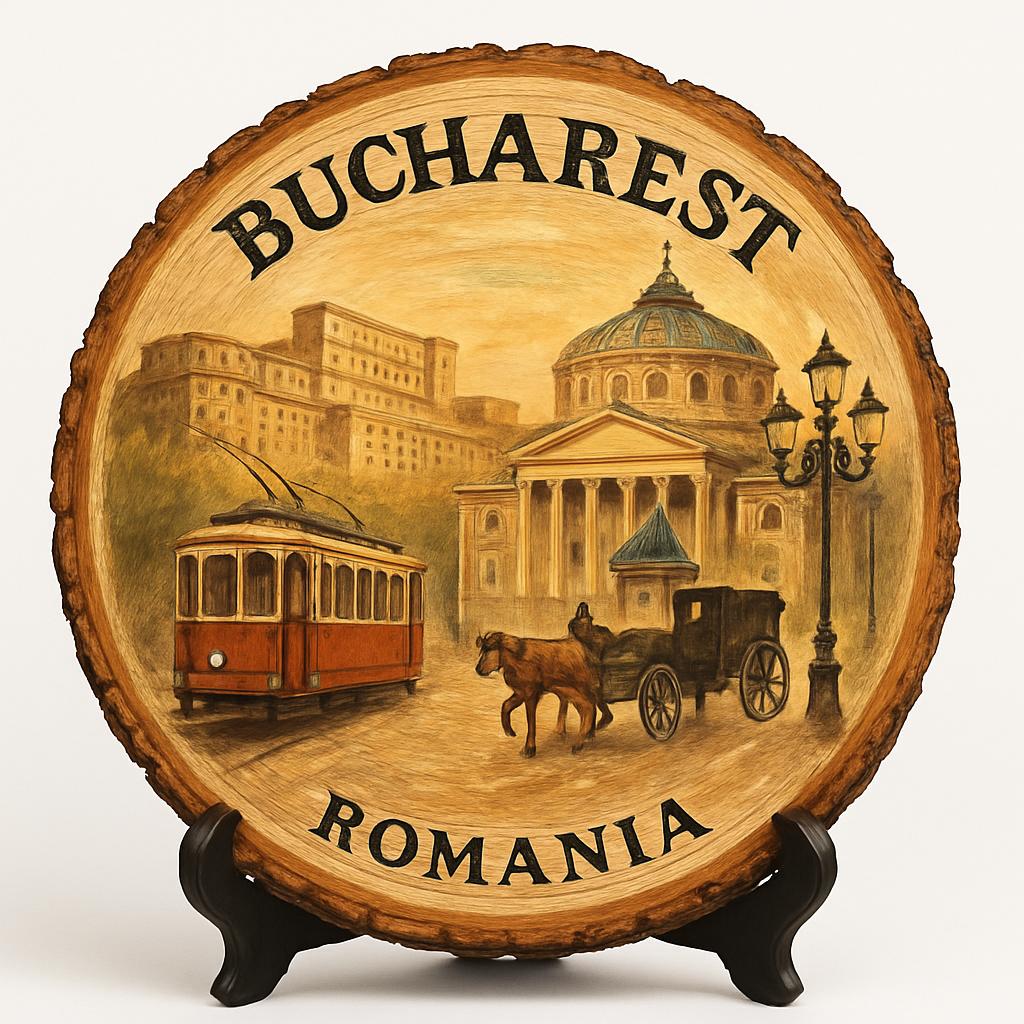 Bucharest Souvenir Gift – Wood Slice Plaque for Wall or Table, Romania (România) Souvenir Gift for Tourists, Plate Collectors & Travel Lovers, Urban Culture Decorative Gift