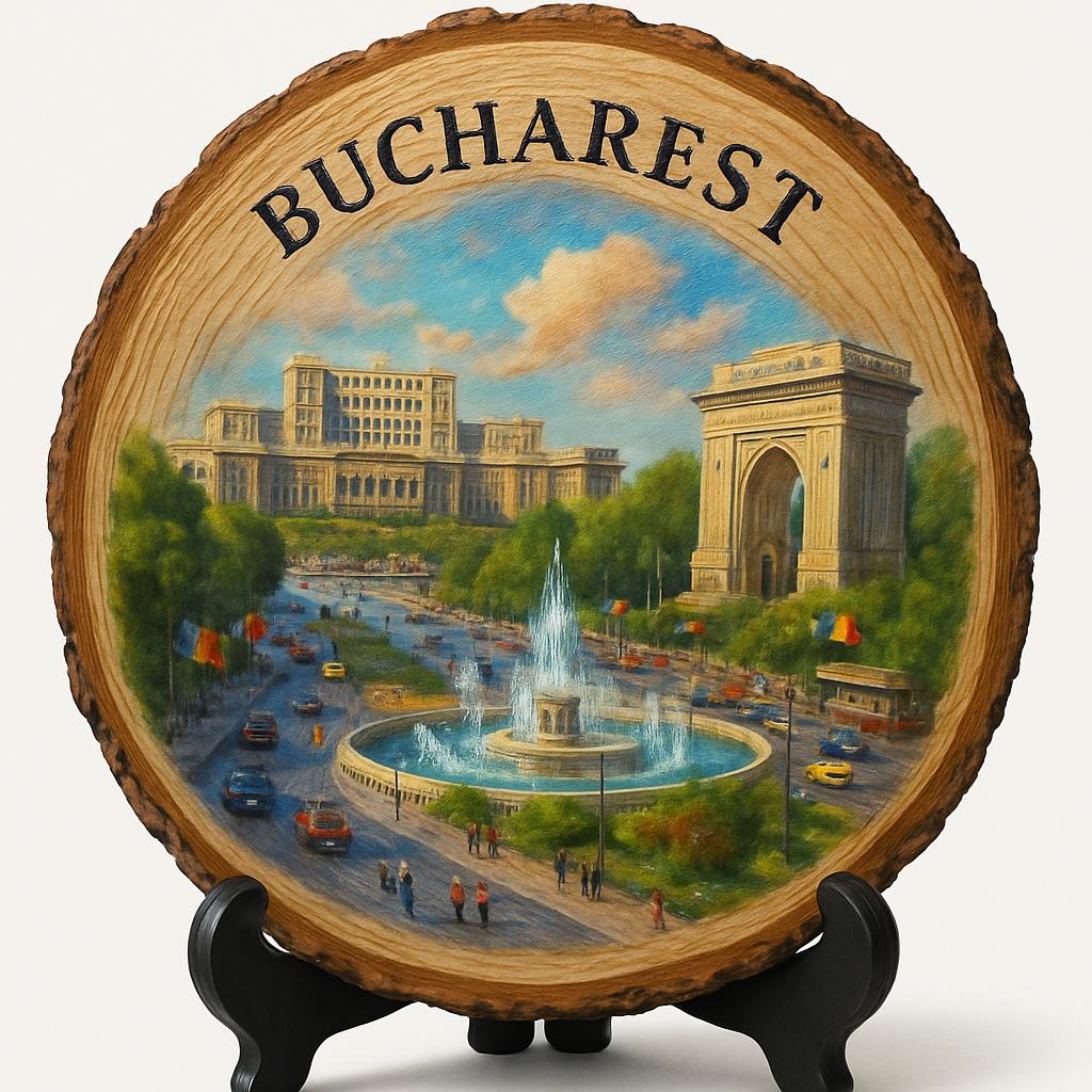 Bucharest Souvenir Gift – Wood Slice Plaque for Wall or Table, Romania (România) Souvenir Gift for Tourists, Plate Collectors & Travel Lovers, Vibrant City Life Decorative Gift