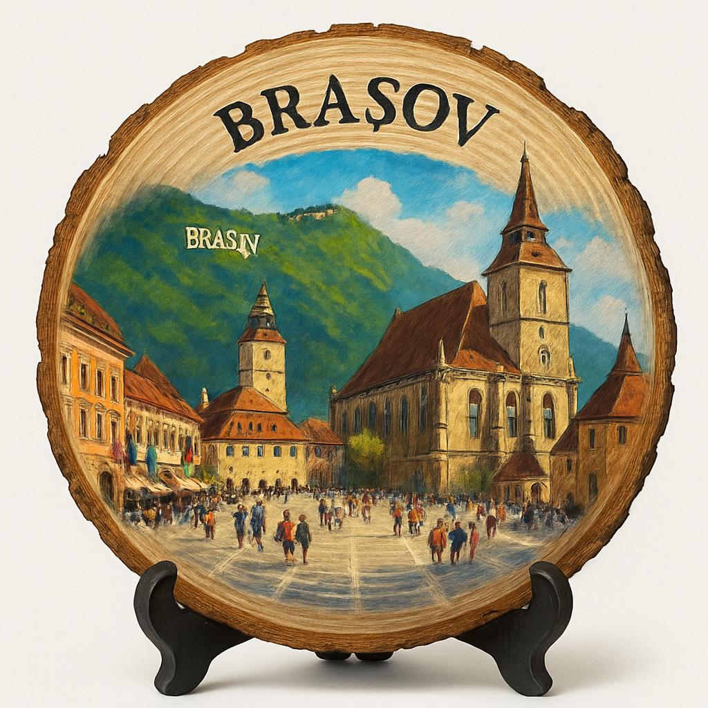 Brașov Souvenir Gift – Wood Slice Plaque for Wall or Table, Romania (România) Souvenir Gift for Tourists, Plate Collectors & Travel Lovers, Scenic Viewpoint Decorative Gift
