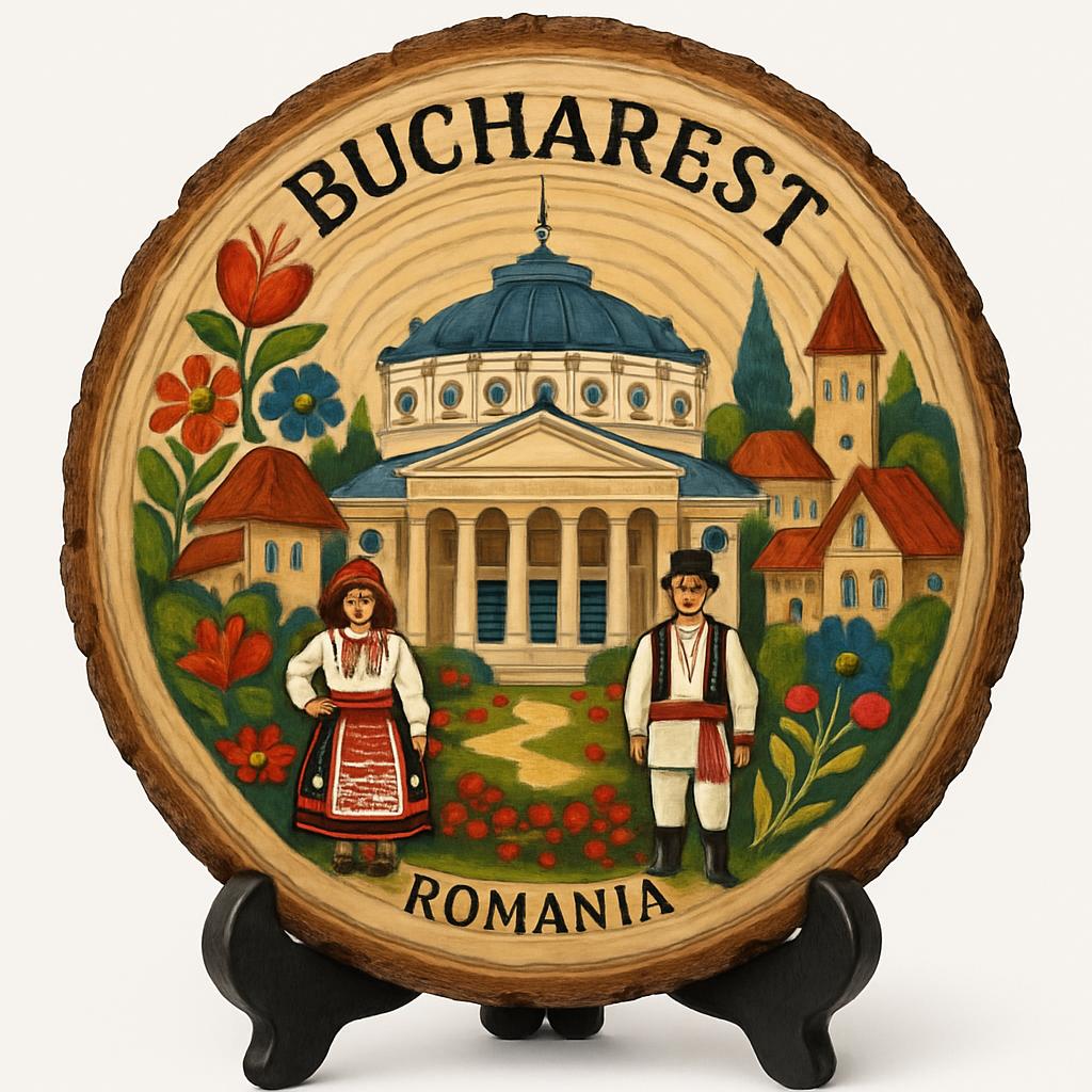 Bucharest Souvenir Gift – Wood Slice Plaque for Wall or Table, Romania (România) Souvenir Gift for Tourists, Plate Collectors & Travel Lovers, Artistic Cityscape Decorative Gift