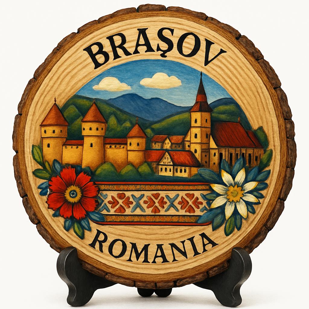 Brașov Souvenir Gift – Wood Slice Plaque for Wall or Table, Romania (România) Souvenir Gift for Tourists, Plate Collectors & Travel Lovers, Cultural Heritage Decorative Gift