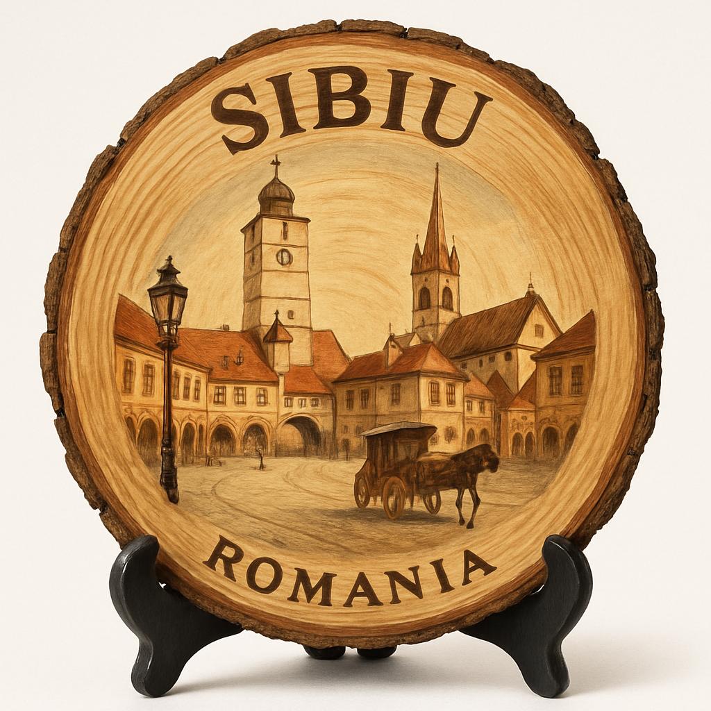 Sibiu Souvenir Gift – Wood Slice Plaque for Wall or Table, Romania (România) Souvenir Gift for Tourists, Plate Collectors & Travel Lovers, Medieval Town Decorative Gift