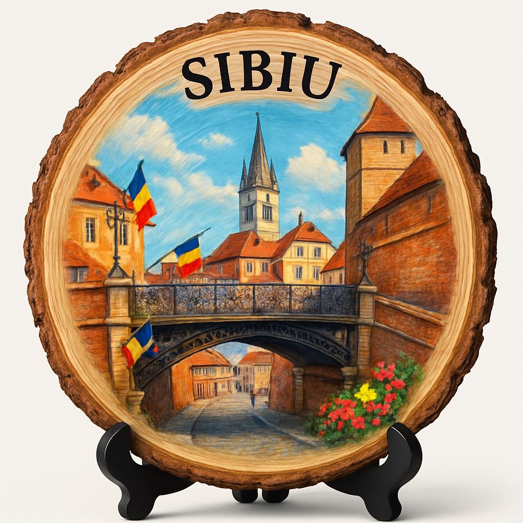Sibiu Souvenir Gift – Wood Slice Plaque for Wall or Table, Romania (România) Souvenir Gift for Tourists, Plate Collectors & Travel Lovers, Artistic Heritage Decorative Gift