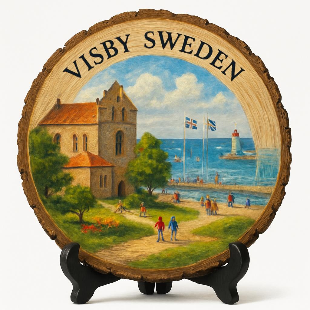 Visby Souvenir Gift – Wood Slice Plaque for Wall or Table, Sweden Souvenir for Tourists, Plate Collectors & Travel Lovers, UNESCO World Heritage Site Decorative Gift