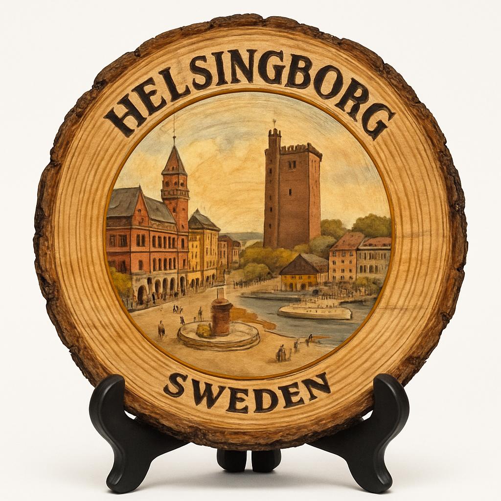 Helsingborg Souvenir Gift – Wood Slice Plaque for Wall or Table, Sweden Souvenir for Tourists, Plate Collectors & Travel Lovers, Coastal City Decorative Gift