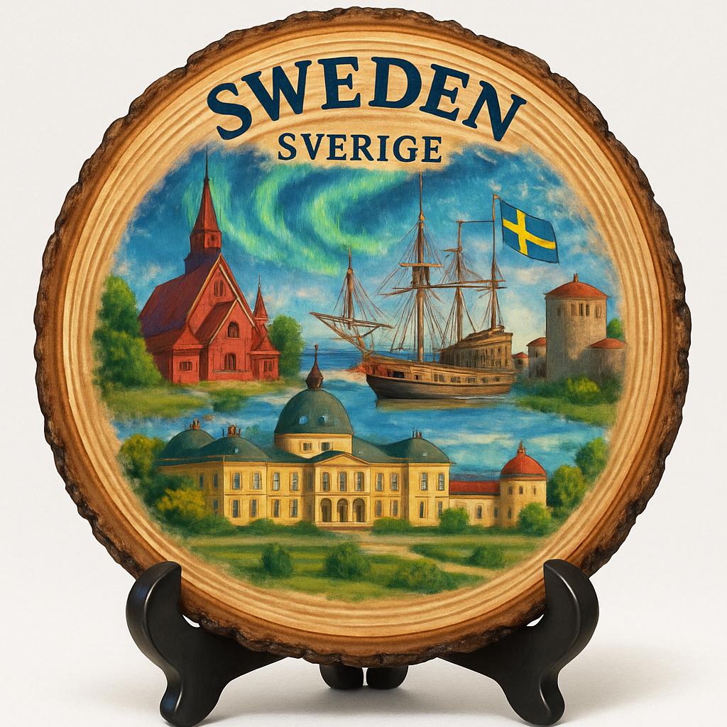 Sweden Souvenir Gift – Wood Slice Plaque for Wall or Table, Sweden Souvenir for Tourists, Plate Collectors & Travel Lovers, Land of Lakes and Forests Decorative Gift