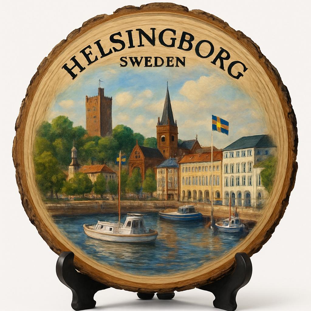 Helsingborg Souvenir Gift – Wood Slice Plaque for Wall or Table, Sweden Souvenir for Tourists, Plate Collectors & Travel Lovers, Historic City Decorative Gift