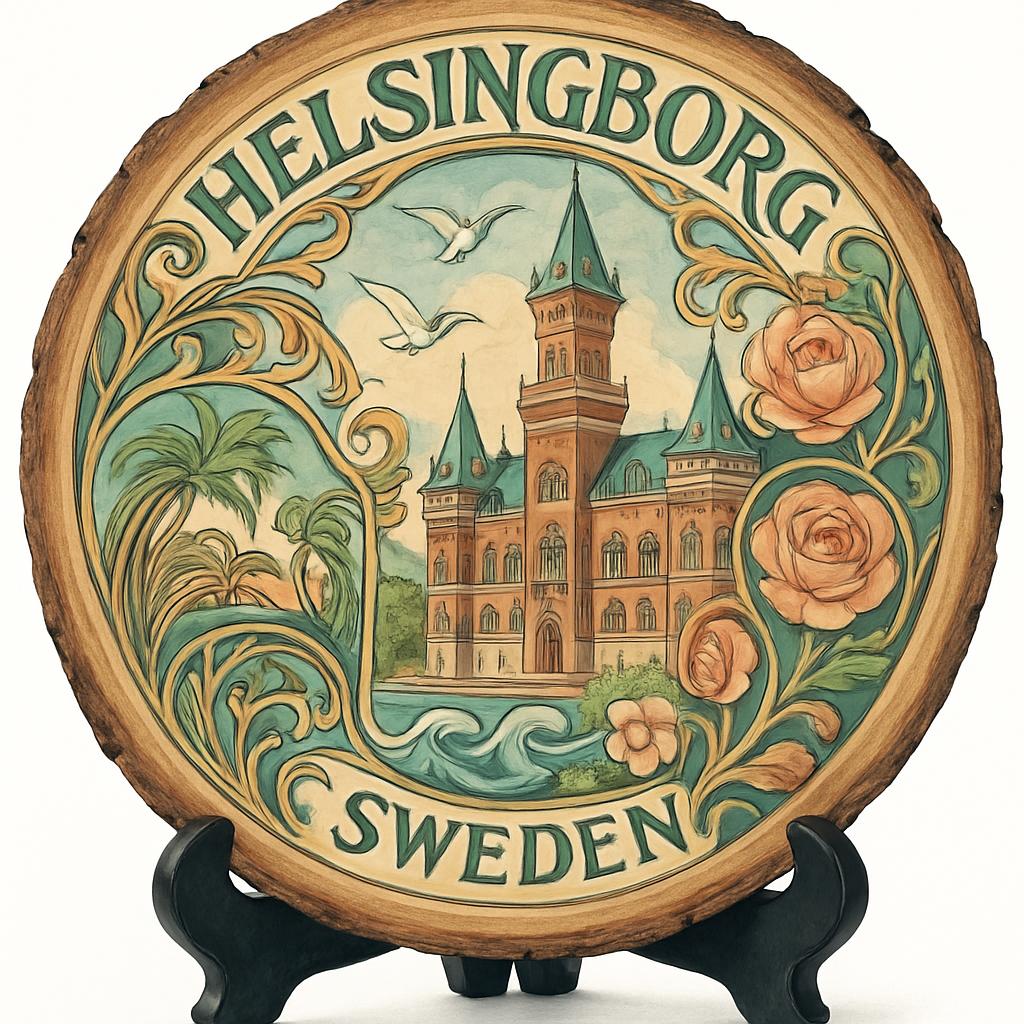 Helsingborg Souvenir Gift – Wood Slice Plaque for Wall or Table, Sweden Souvenir for Tourists, Plate Collectors & Travel Lovers, Ferry Port City Decorative Gift