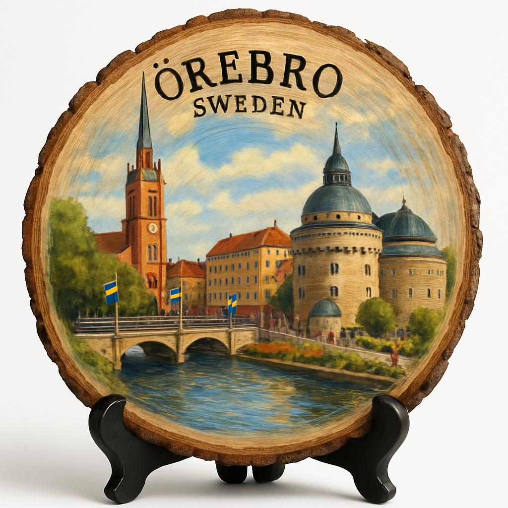 Örebro Souvenir Gift – Wood Slice Plaque for Wall or Table, Sweden Souvenir for Tourists, Plate Collectors & Travel Lovers, Castle Town Decorative Gift