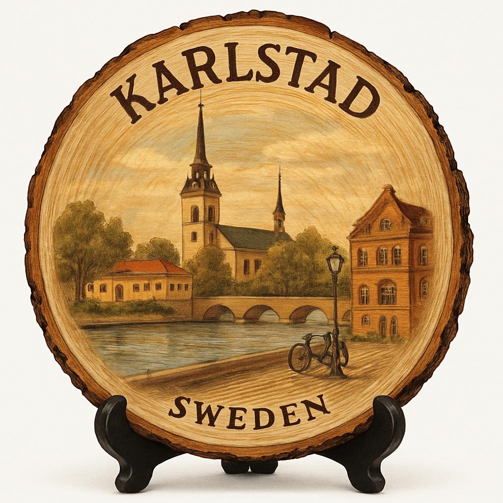 Karlstad Souvenir Gift – Wood Slice Plaque for Wall or Table, Sweden Souvenir for Tourists, Plate Collectors & Travel Lovers, River City Decorative Gift