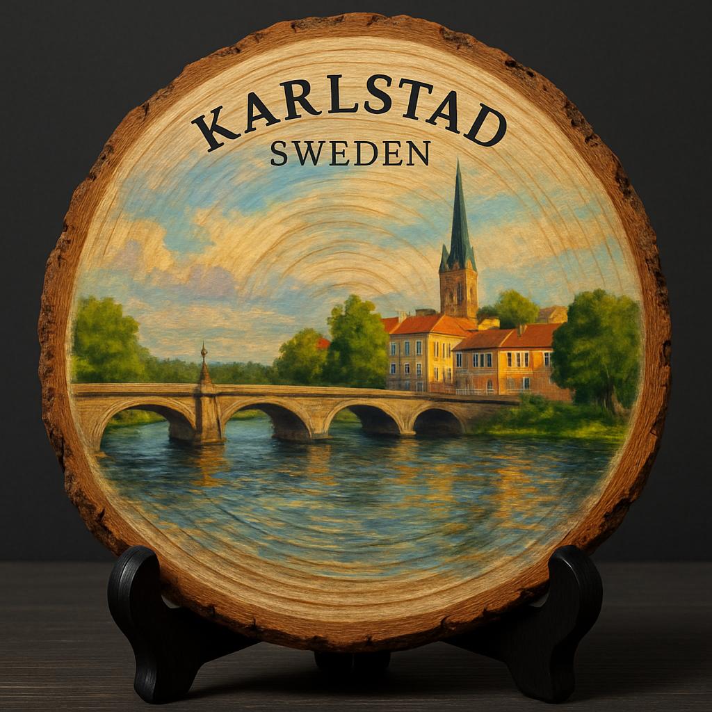 Karlstad Souvenir Gift – Wood Slice Plaque for Wall or Table, Sweden Souvenir for Tourists, Plate Collectors & Travel Lovers, Sun City Decorative Gift