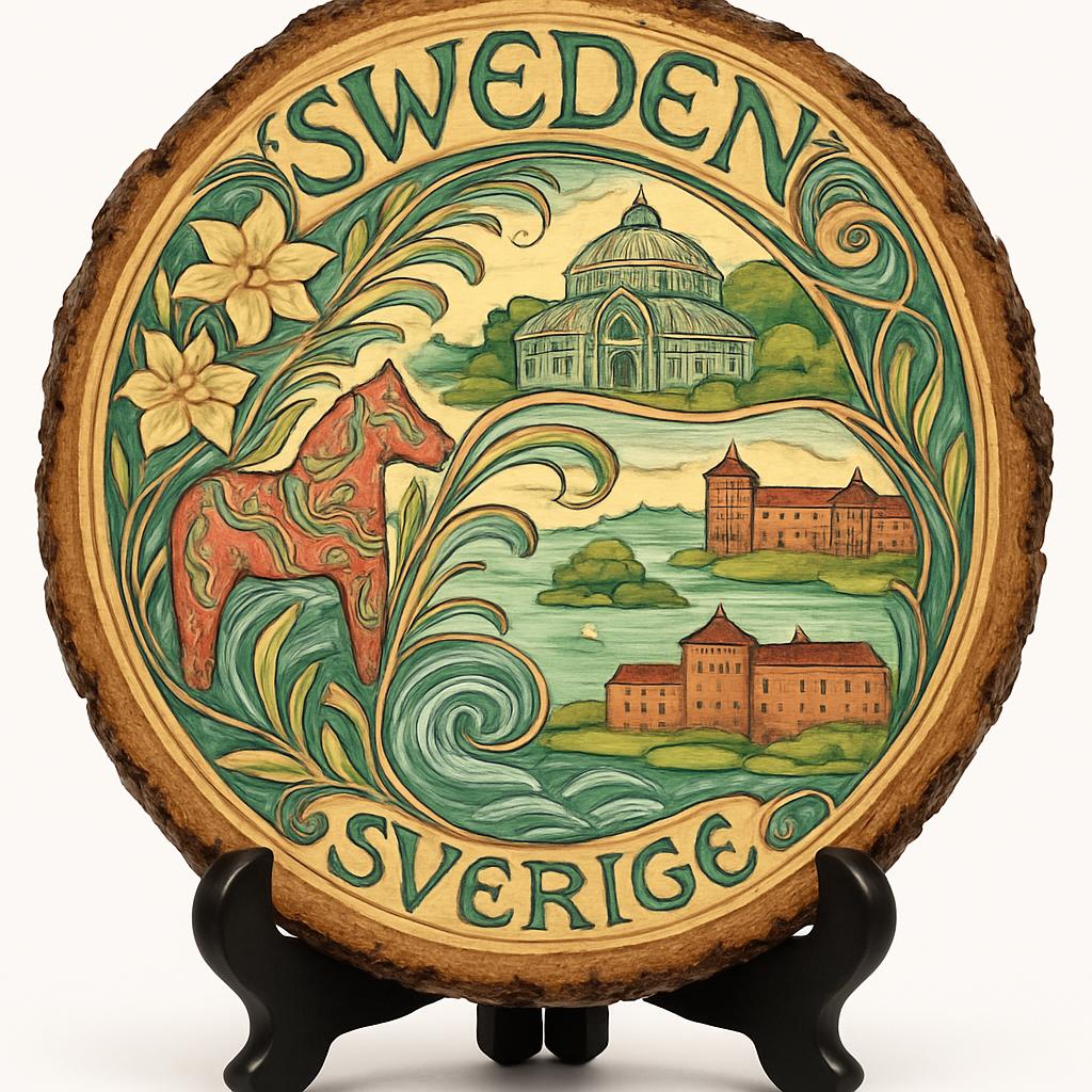 Sweden Souvenir Gift – Wood Slice Plaque for Wall or Table, Sweden Souvenir for Tourists, Plate Collectors & Travel Lovers, Land of the Midnight Sun Decorative Gift