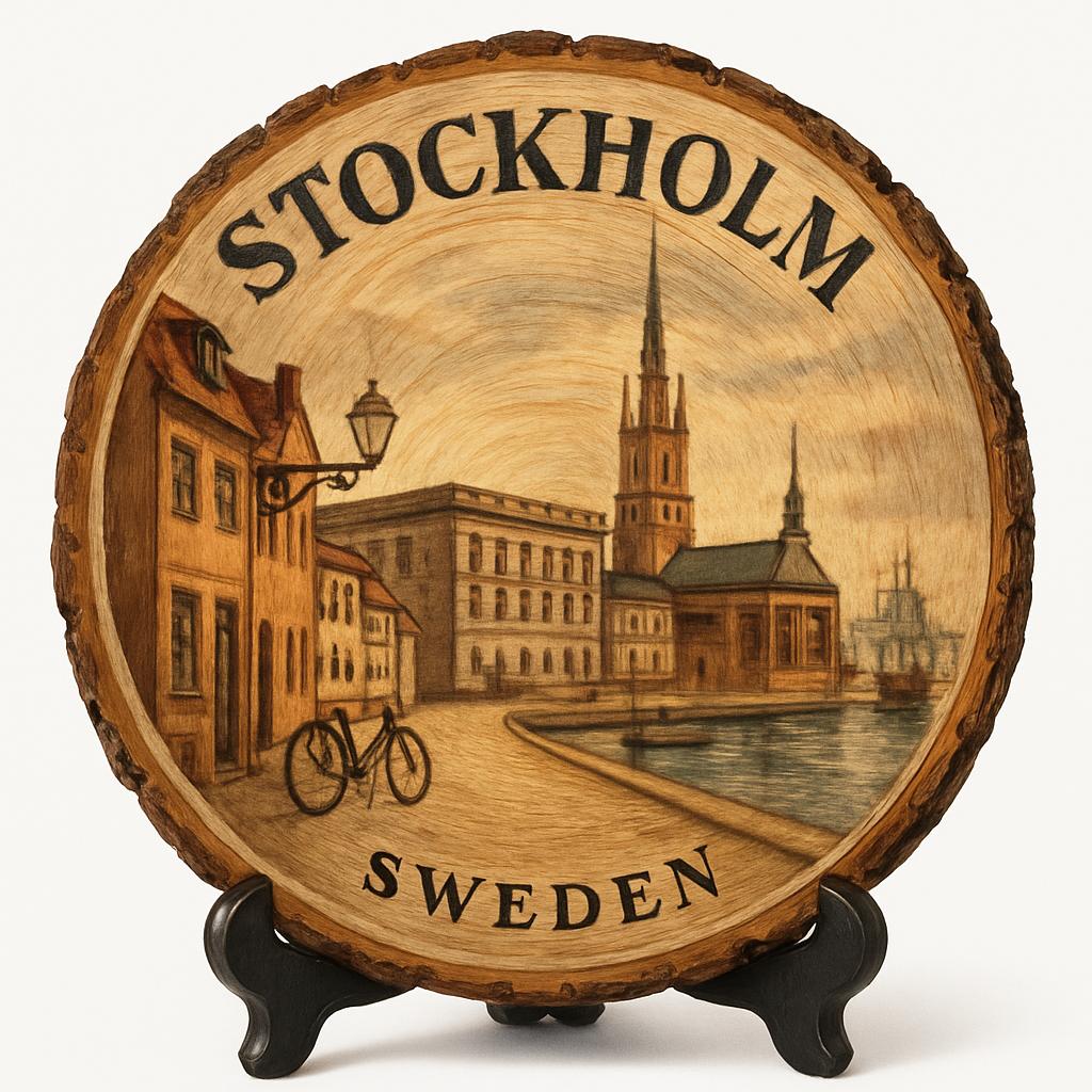 Stockholm Souvenir Gift – Wood Slice Plaque for Wall or Table, Sweden Souvenir for Tourists, Plate Collectors & Travel Lovers, Scandinavian Charm Decorative Gift