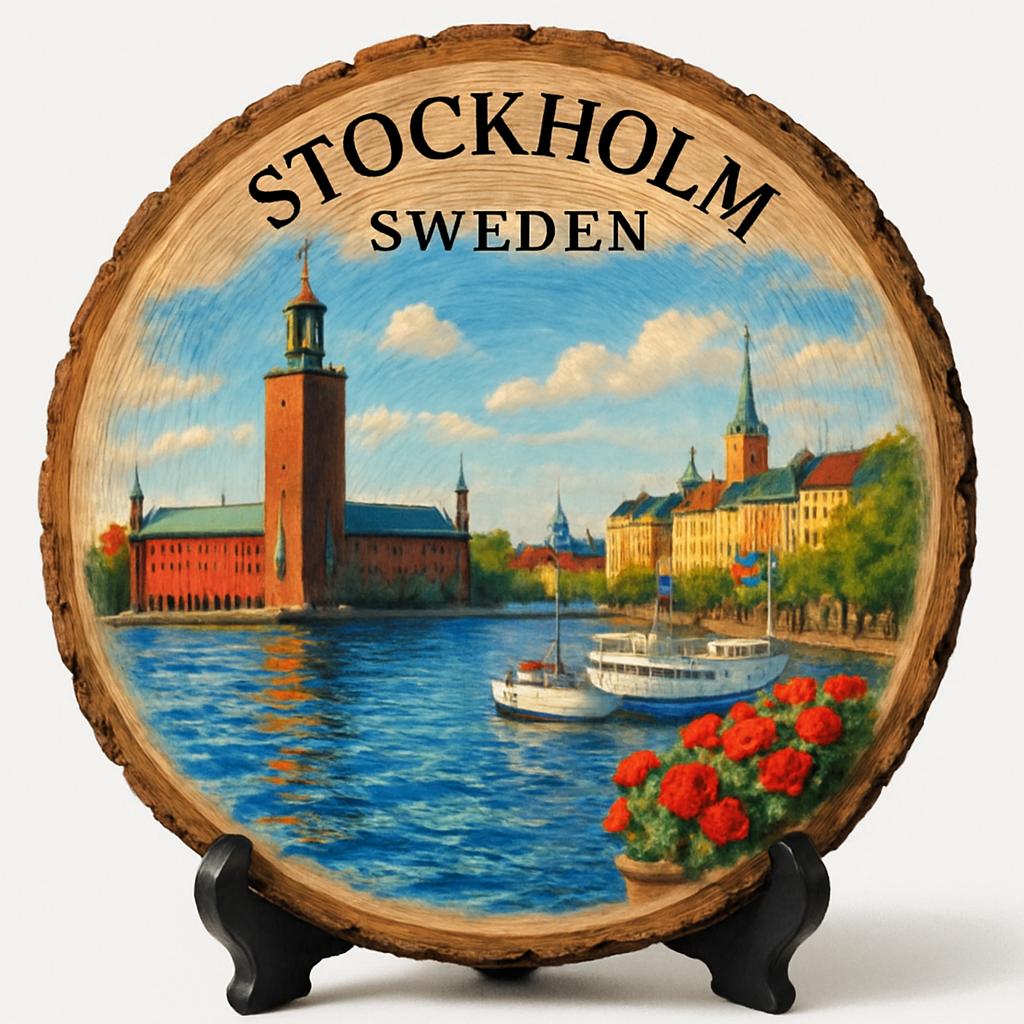 Stockholm Souvenir Gift – Wood Slice Plaque for Wall or Table, Sweden Souvenir for Tourists, Plate Collectors & Travel Lovers, Baltic Sea City Decorative Gift