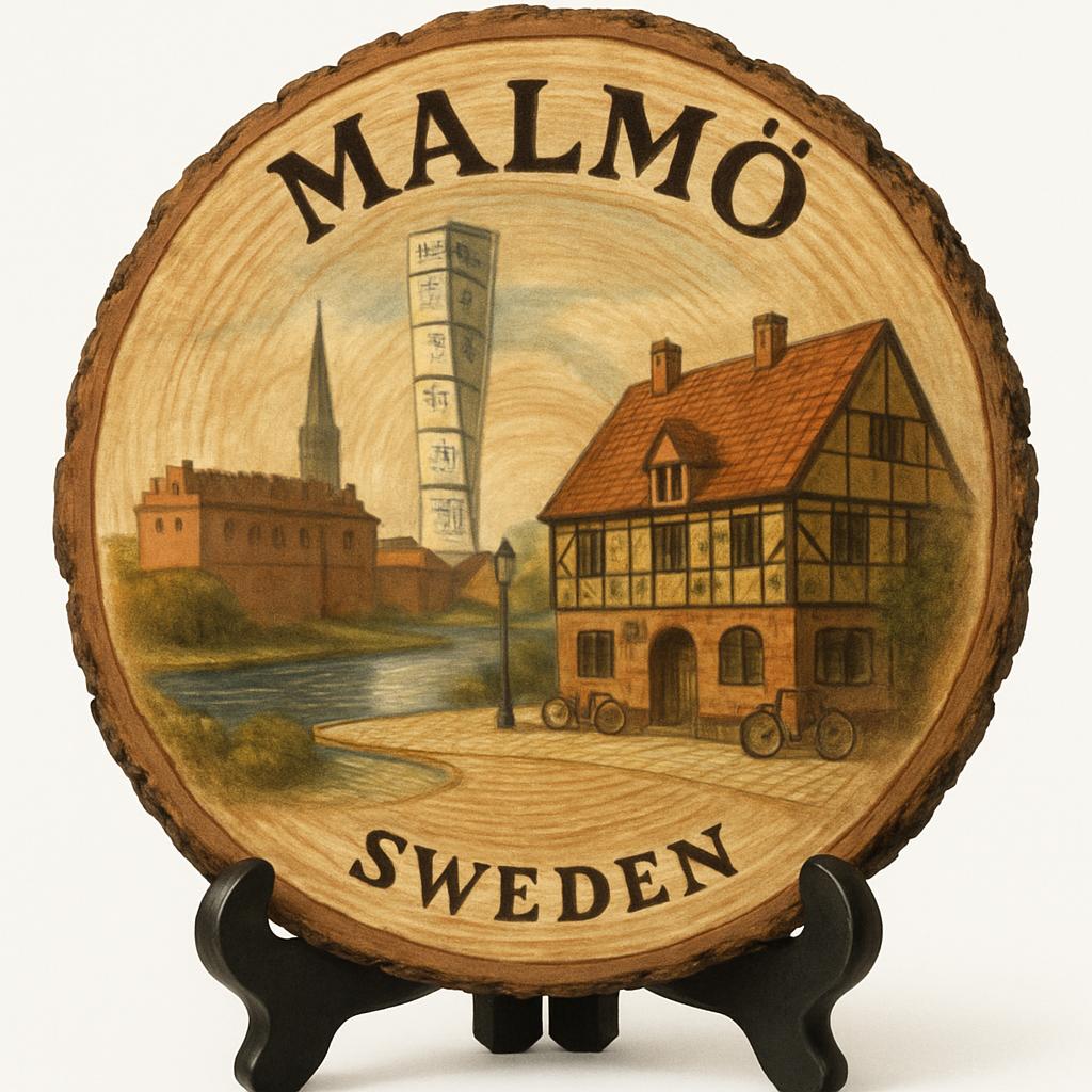 Malmö Souvenir Gift – Wood Slice Plaque for Wall or Table, Sweden Souvenir for Tourists, Plate Collectors & Travel Lovers, Coastal City Decorative Gift