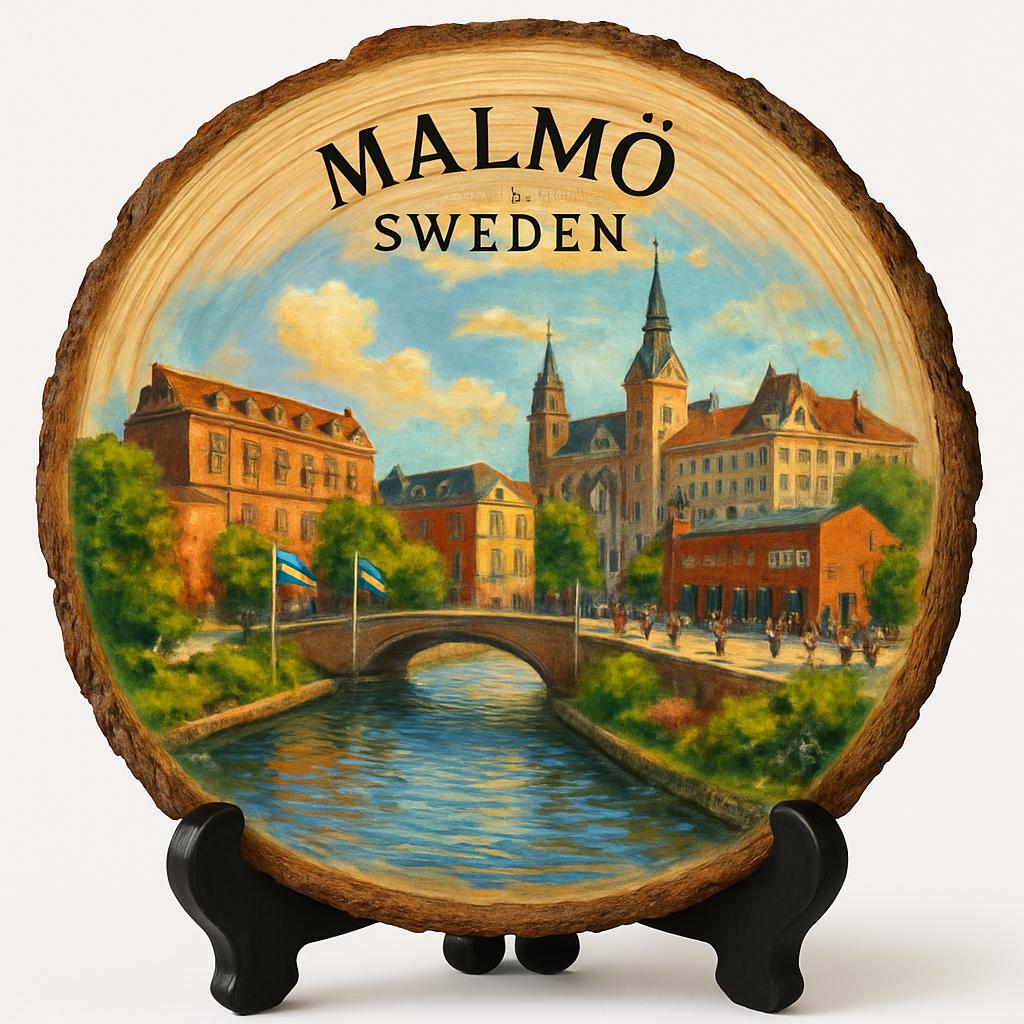 Malmö Souvenir Gift – Wood Slice Plaque for Wall or Table, Sweden Souvenir for Tourists, Plate Collectors & Travel Lovers, Modern Architecture Decorative Gift