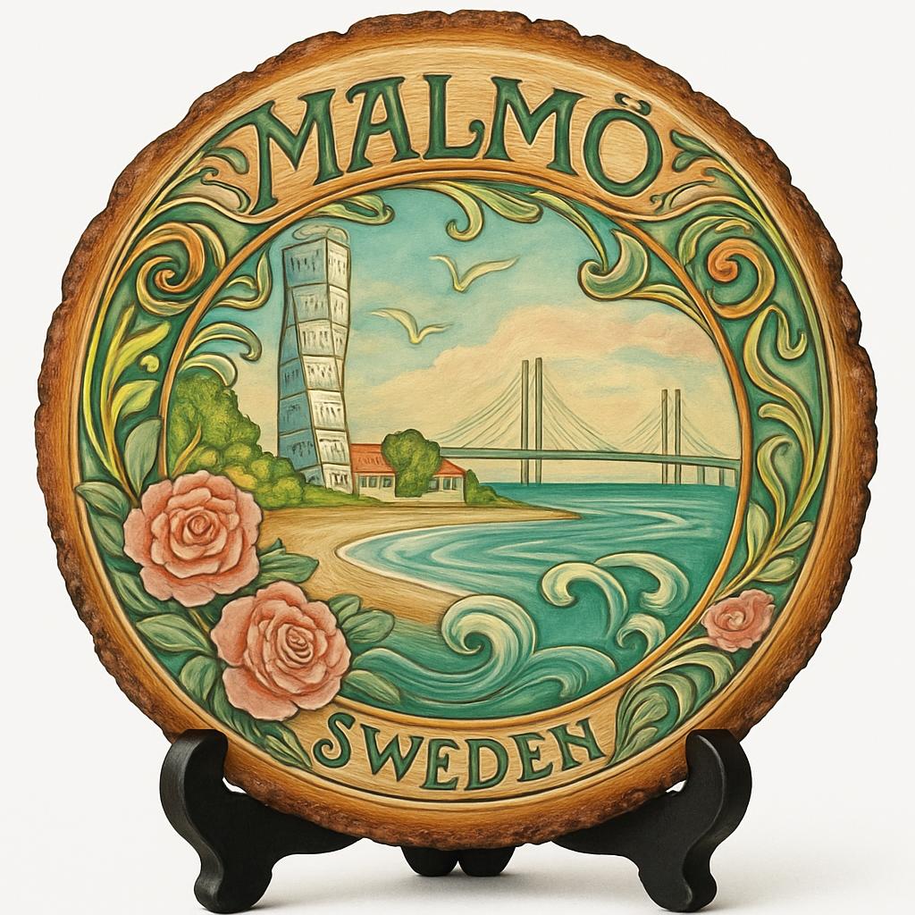 Malmö Souvenir Gift – Wood Slice Plaque for Wall or Table, Sweden Souvenir for Tourists, Plate Collectors & Travel Lovers, Cultural Hub Decorative Gift