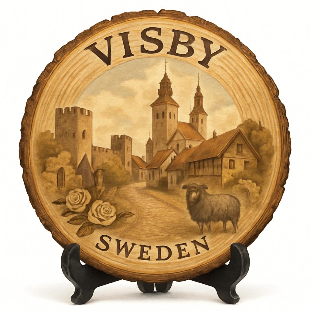 Visby Souvenir Gift – Wood Slice Plaque for Wall or Table, Sweden Souvenir for Tourists, Plate Collectors & Travel Lovers, Medieval Town Decorative Gift
