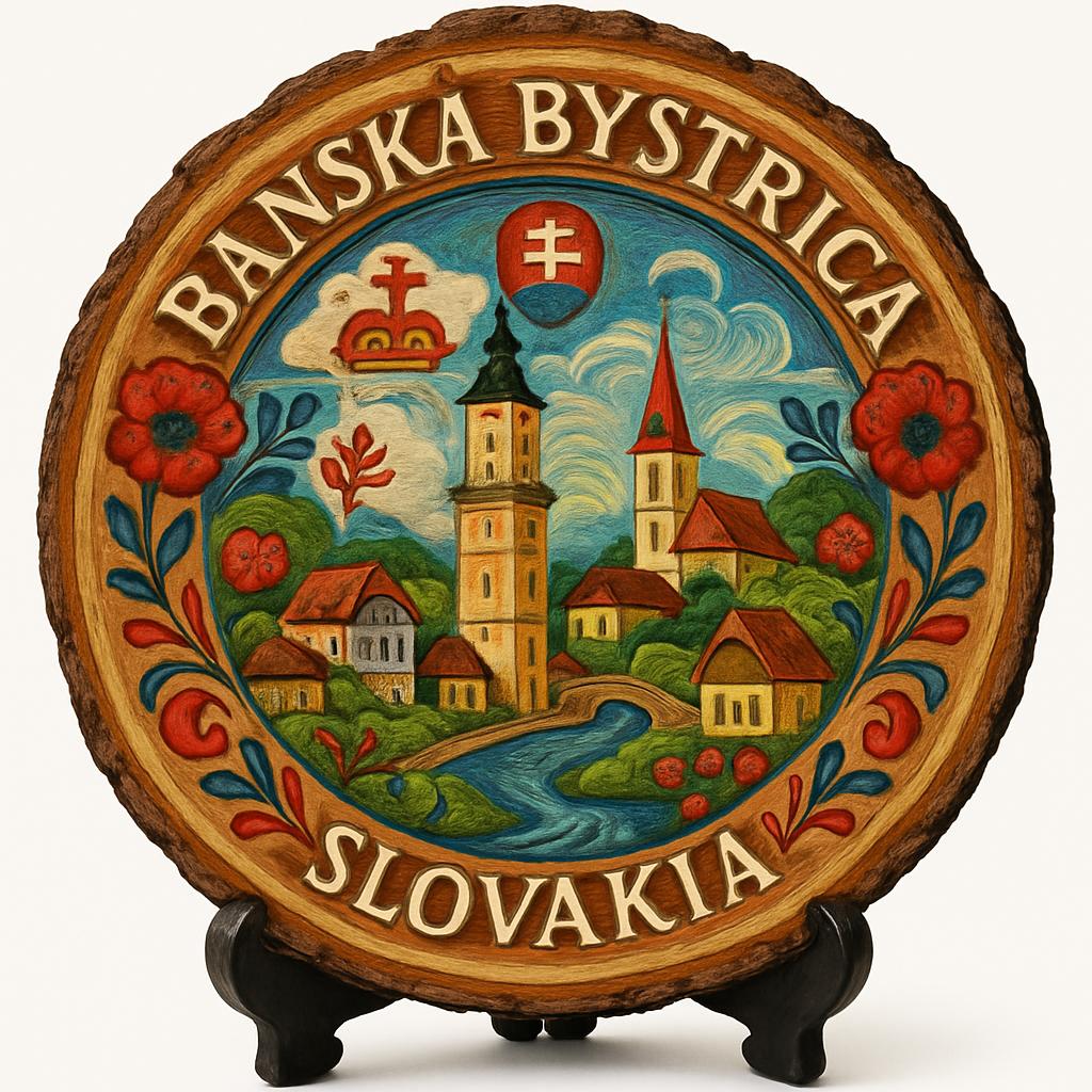 Banská Bystrica Souvenir Gift – Wood Slice Plaque for Wall or Table, Slovakia Souvenir for Tourists, Plate Collectors & Travel Lovers, Mountainous Region Decorative Gift