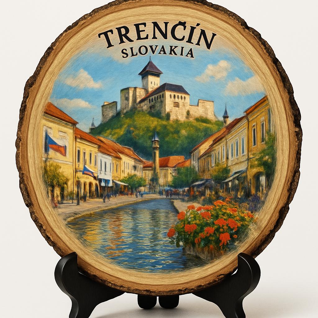 Trenčín Souvenir Gift – Wood Slice Plaque for Wall or Table, Slovakia Souvenir for Tourists, Plate Collectors & Travel Lovers, Castle Town Decorative Gift