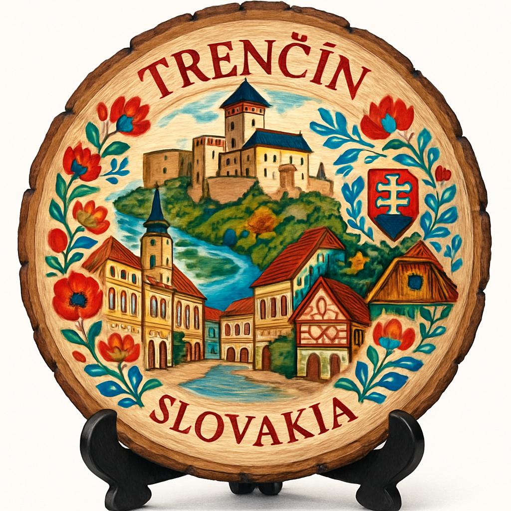 Trenčín Souvenir Gift – Wood Slice Plaque for Wall or Table, Slovakia Souvenir for Tourists, Plate Collectors & Travel Lovers, Vah River City Decorative Gift