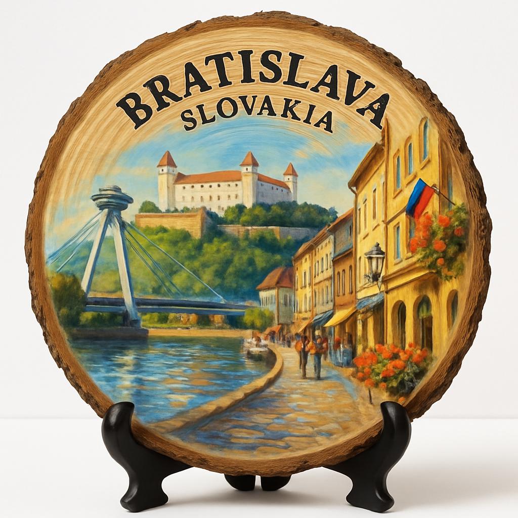 Bratislava Souvenir Gift – Wood Slice Plaque for Wall or Table, Slovakia Souvenir for Tourists, Plate Collectors & Travel Lovers, Danube River City Decorative Gift