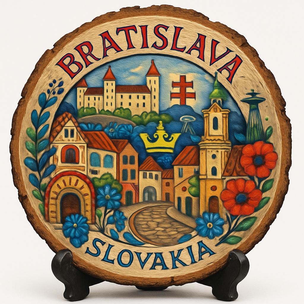 Bratislava Souvenir Gift – Wood Slice Plaque for Wall or Table, Slovakia Souvenir for Tourists, Plate Collectors & Travel Lovers, Historic Old Town Decorative Gift