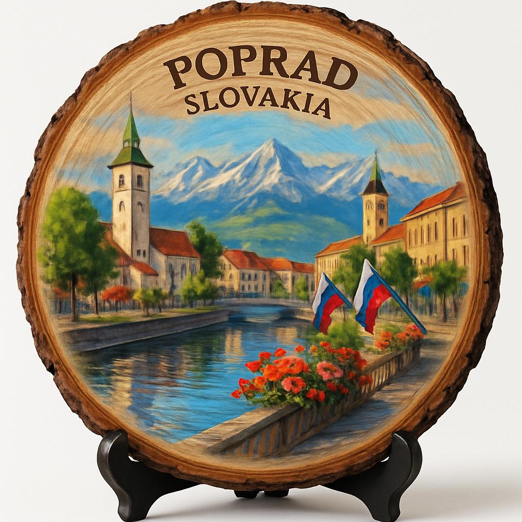Poprad Souvenir Gift – Wood Slice Plaque for Wall or Table, Slovakia Souvenir for Tourists, Plate Collectors & Travel Lovers, Historic Town Decorative Gift