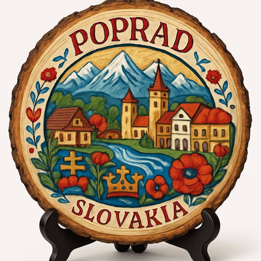Poprad Souvenir Gift – Wood Slice Plaque for Wall or Table, Slovakia Souvenir for Tourists, Plate Collectors & Travel Lovers, Mountain City Decorative Gift