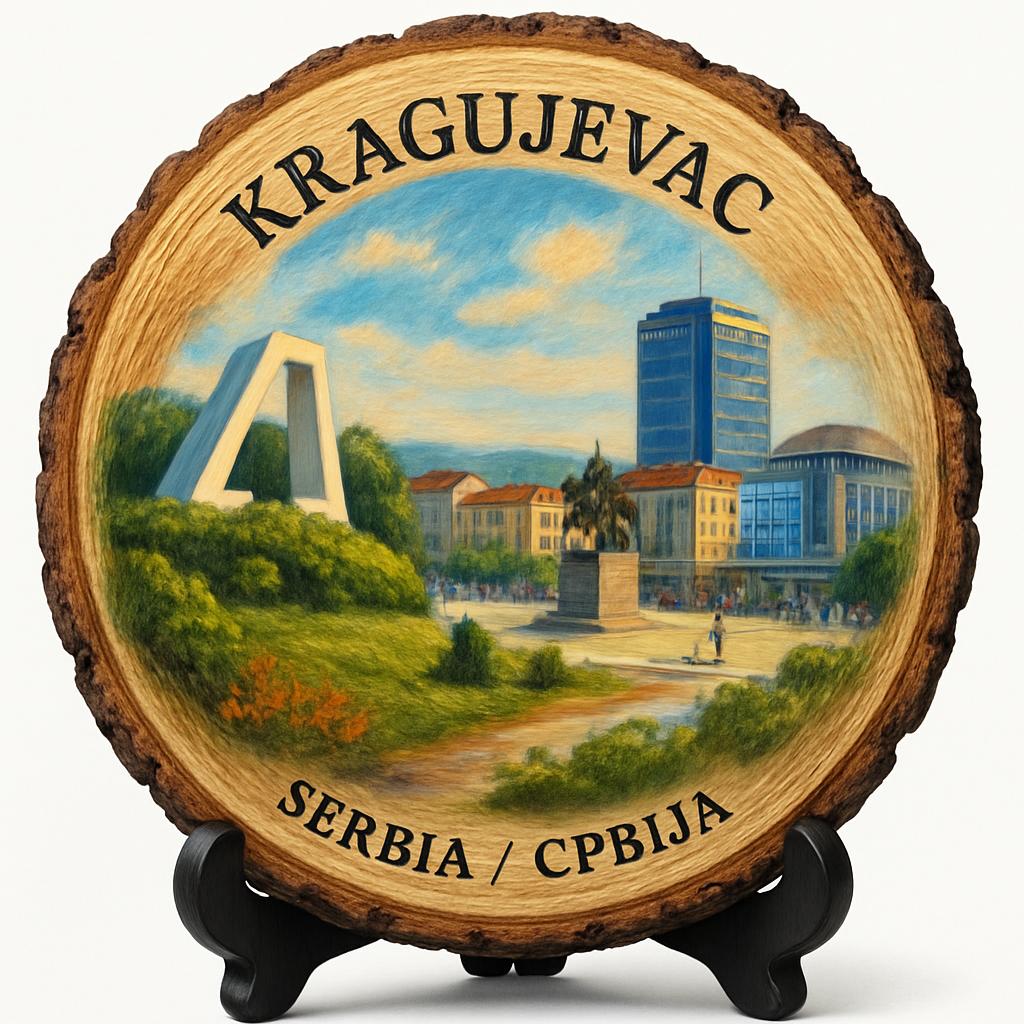 Kragujevac Souvenir Gift – Wood Slice Plaque for Wall or Table, Serbia (Србија) Souvenir Gift for Tourists, Plate Collectors & Travel Lovers, Industrial Heritage Decorative Gift