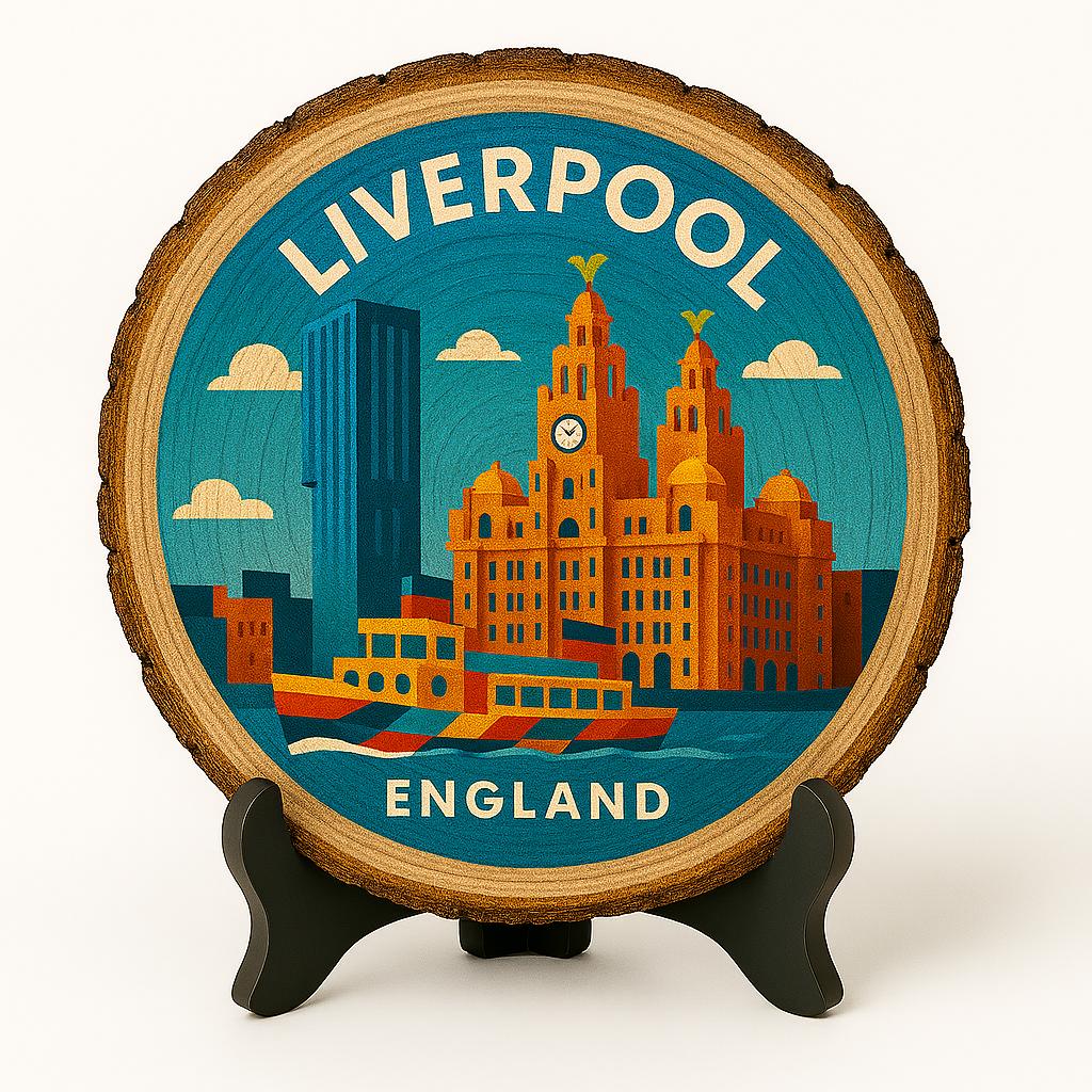 Liverpool Souvenir Gift – Hand-Made Wood Slice Plaque, England Souvenir Keepsake for Waterfront Enthusiasts