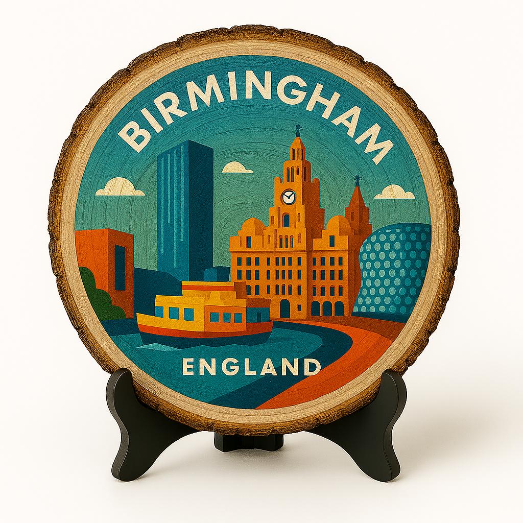 Birmingham Souvenir Plaque – Wood Slice Display Gift, England Souvenir for City Scene Collectors
