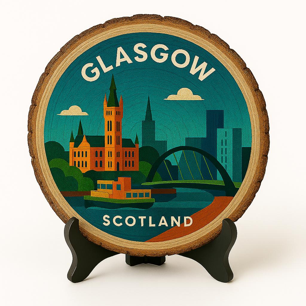 Glasgow Souvenir Gift – Hand-Made Wood Slice Plaque, England Souvenir for Art and Architecture Lovers