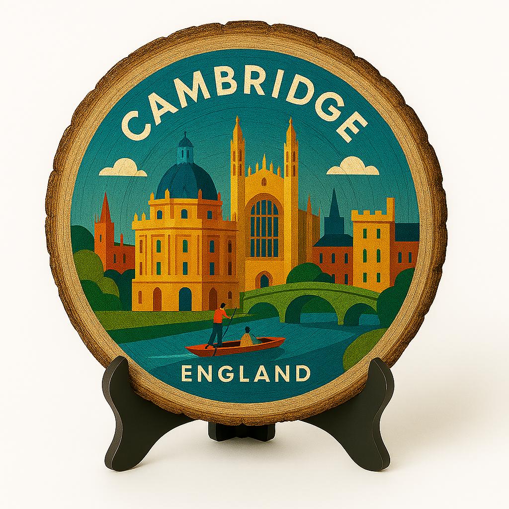 Cambridge Souvenir Plaque – Rustic Wood Slice Gift Display, England Souvenir for University City Fans