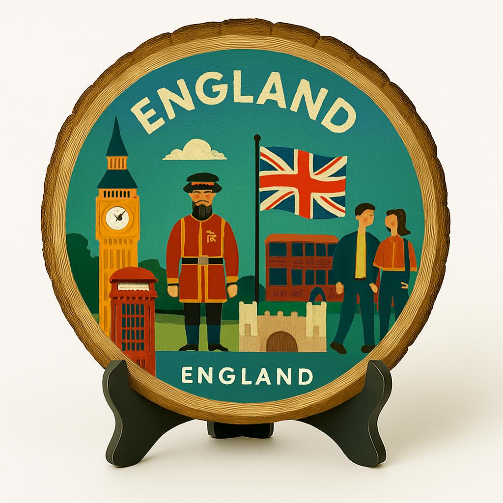 England Souvenir Gift – Wood Slice Tabletop Plaque for Wall Display, Travel Keepsake for Cultural Fans