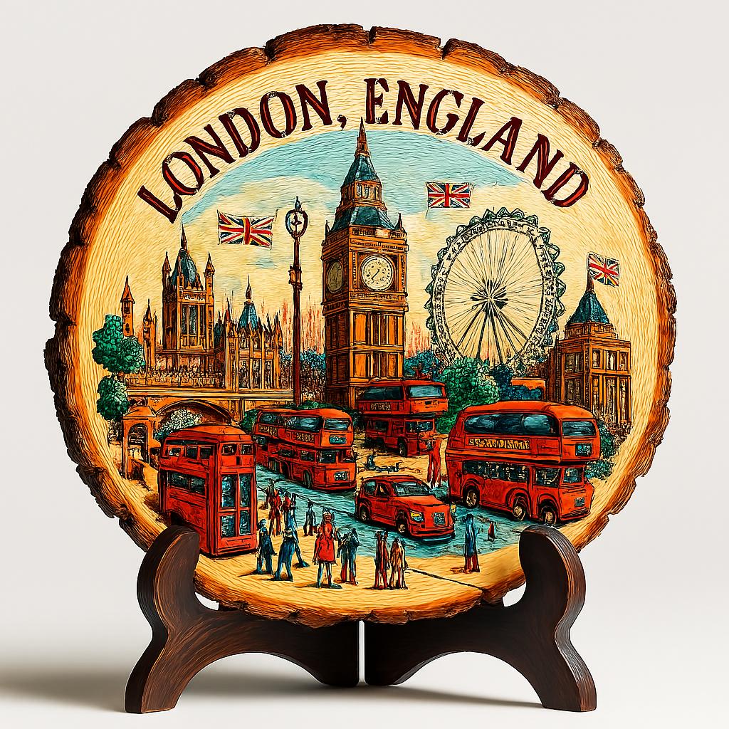 London Souvenir Plaque – Wood Slice Tabletop Gift Display, England Souvenir for Historic Landmark Lovers