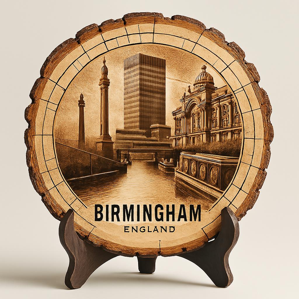 Birmingham Souvenir Decor – Handcrafted Wood Slice Plaque, England Souvenir for Cityscape Collectors