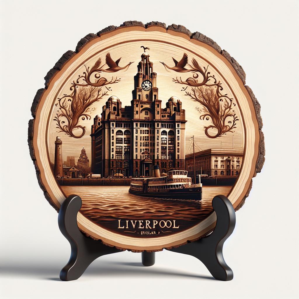 Liverpool Souvenir Gift – Rustic Wood Slice Tabletop Display, England Souvenir for Travel Enthusiasts