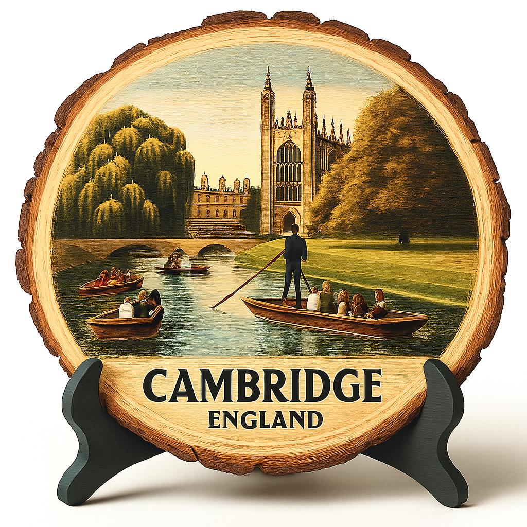 Cambridge Souvenir Display – Wood Slice Gift Plaque Art, England Souvenir for University Scene Lovers