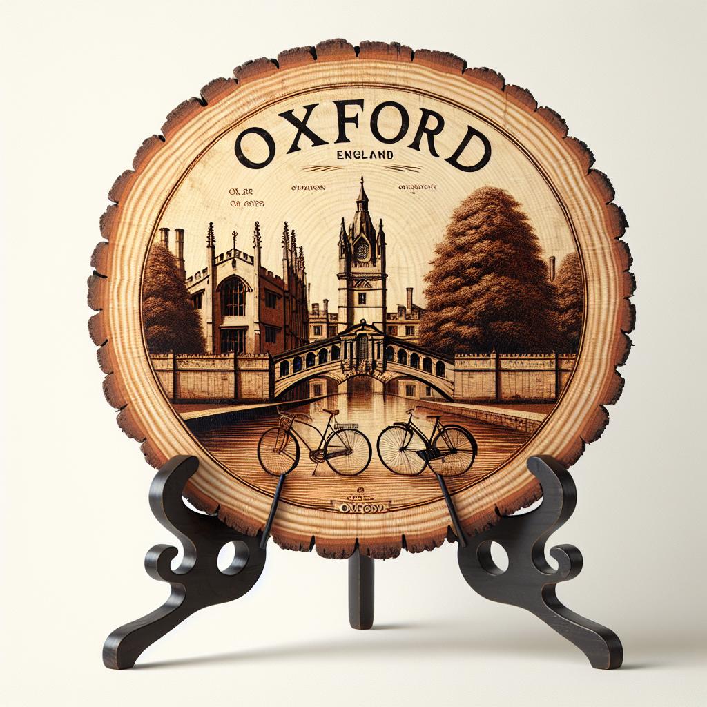 Oxford Souvenir Gift – Wood Slice Tabletop Plaque Art, England Souvenir for University Town Travelers