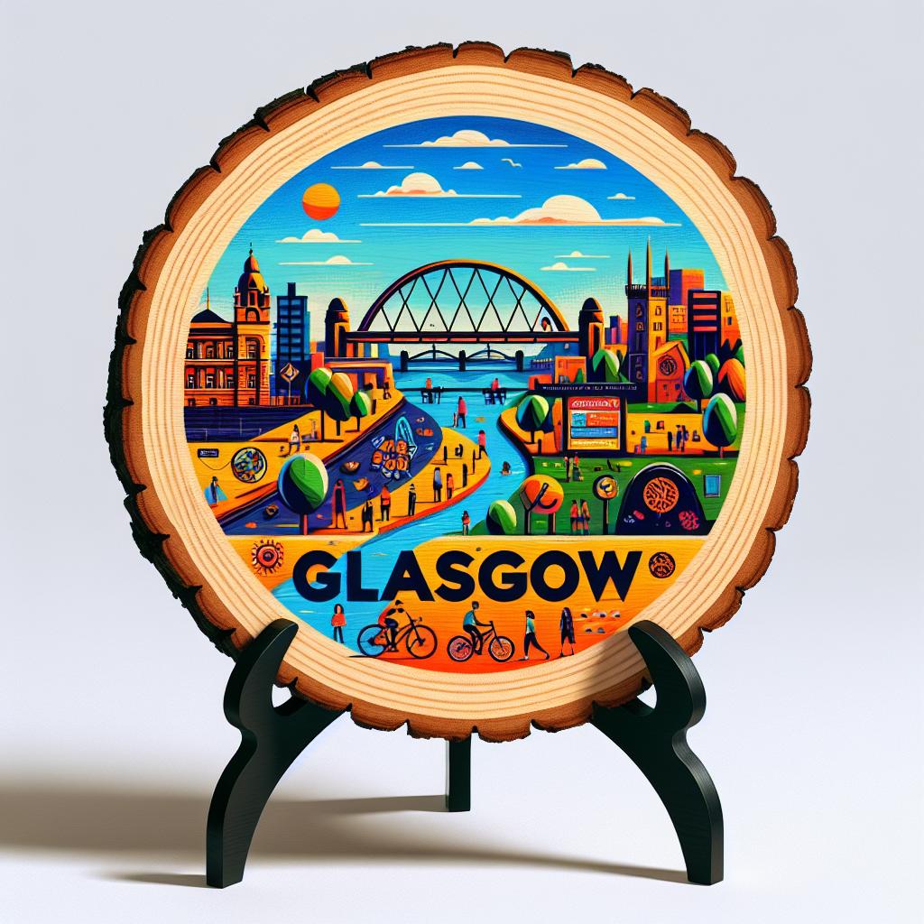 Glasgow Souvenir Display – Hand-Made Wood Slice Tabletop Gift, England Souvenir for Urban Travelers