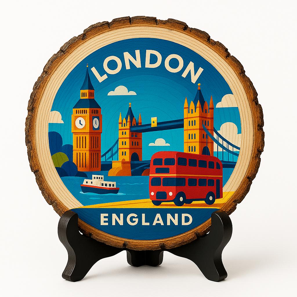 London Souvenir Plaque – Rustic Wood Slice Tabletop Gift, England Souvenir for Cityscape Collectors