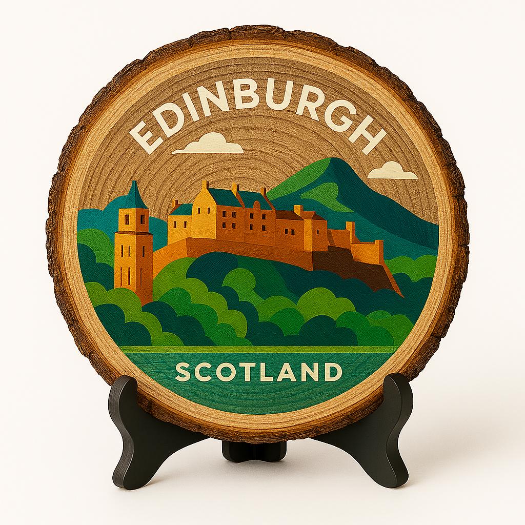 Edinburgh Souvenir Gift – Wood Slice Plaque with Landmark Art, Scotland Souvenir for Castle Lovers
