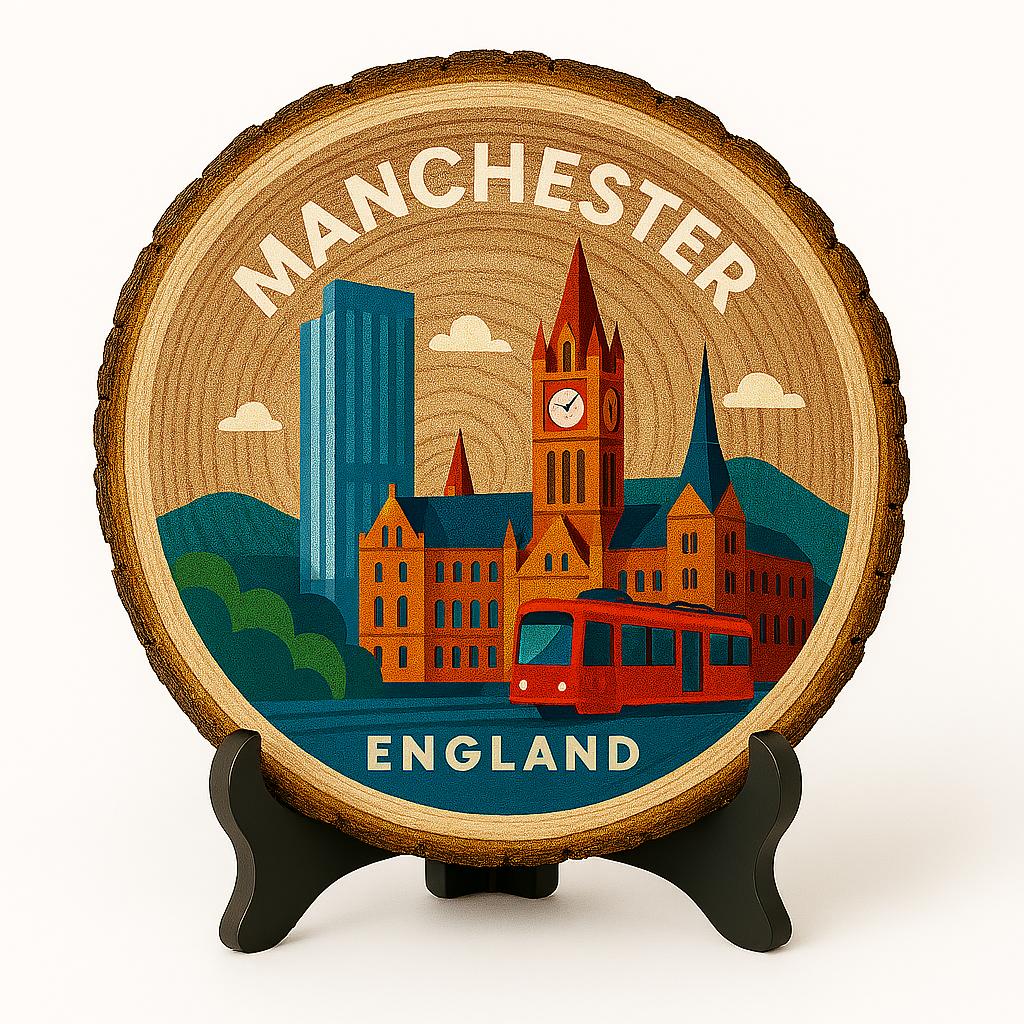 Manchester Souvenir Display – Wood Slice Tabletop Gift, England Souvenir for Industrial Heritage Fans