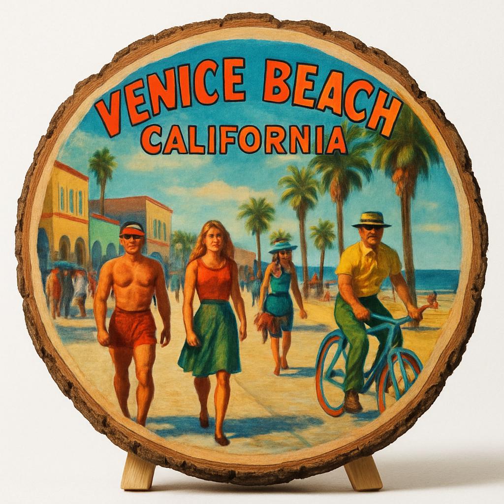 Venice Beach California Souvenir Gift – Wood Slice Plaque for Wall or Table, United States Souvenir Gift for Tourists, Artistic Boardwalk Decorative Gift