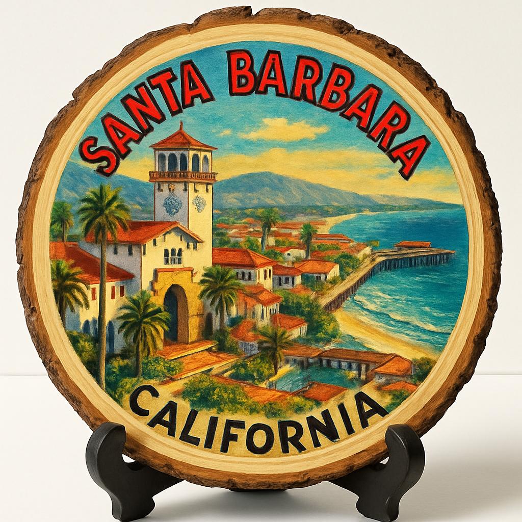 Santa Barbara California Souvenir Gift – Wood Slice Plaque for Wall or Table, United States Souvenir Gift for Tourists, Wine Country Decorative Gift