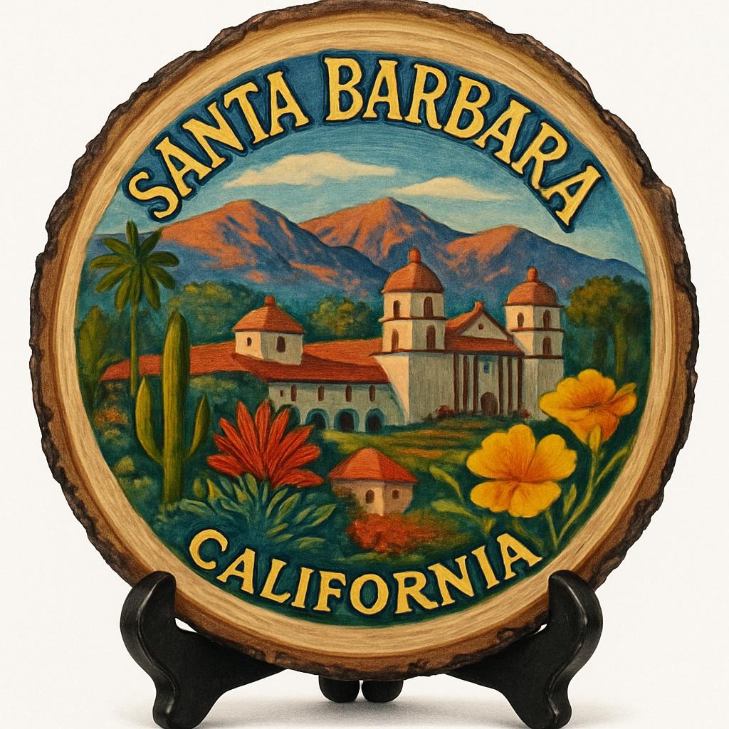 Santa Barbara California Souvenir Gift – Wood Slice Plaque for Wall or Table, United States Souvenir Gift for Tourists, Historic Mission Decorative Gift